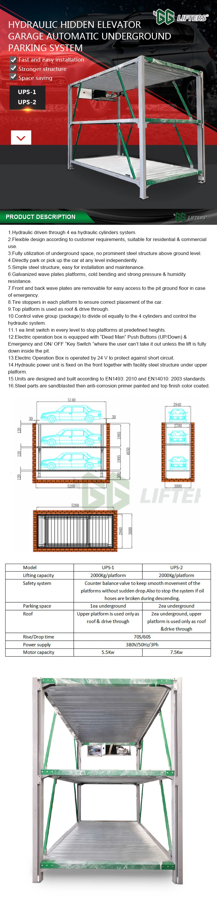 UPS pit car parking system factory direct underground parking stacker hydraulic car lift